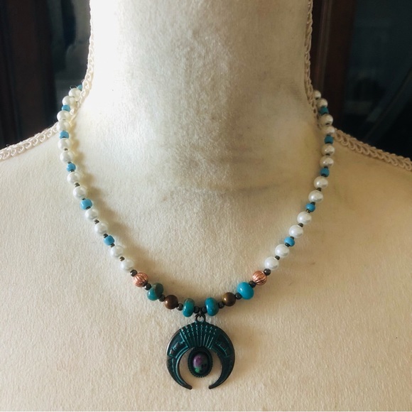 Handcrafted repurpose ancient look genuine stone Czech glass Pearl necklace - Picture 2 of 11